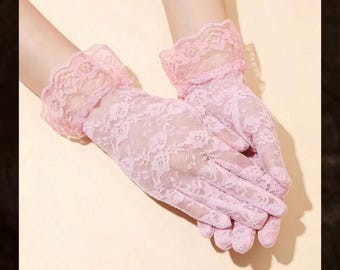 Rosa Spitzenhandschuhe, elegante Partyhandschuhe mit floralen Rüschen für Damen, Geschenkidee für Sie