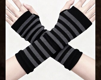 Guanti senza dita a righe gotiche, scaldamuscoli in maglia grigio-nera, guanti invernali in stile punk, regalo per lei