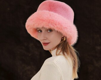 Rose Pink Faux Fur Bucket Hat: Elegant Winter Fashion - Etsy display picture 2