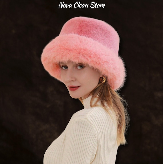Pink Faux Fur Bucket Hat, Oversized Winter Hat for Women  display picture 3
