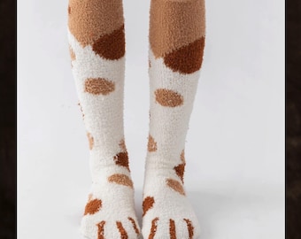 Cartoon Cat Paw Fuzzy Socks, Over The Calf Fluffy Cozy Slipper Socks, Soft Winter Warm Sleepwear, Cute Animal Pattern, Gift For Her