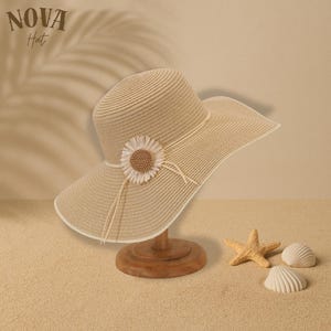 Women Flower Boho Straw Hat,Hat For Beach, Minimalist Straw Hat, Perfect for Beach, Summer Hat, Sun Hat, Gift for Her