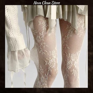 Kawaii White Floral Fishnet Tights, Sheer Lace Pattern Pantyhose Aesthetic Stockings, Cute Harajuku Legwear, Gift for Her