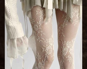 Collant a rete con motivo floreale bianco kawaii, collant estetici con motivo in pizzo trasparente, graziosi collant Harajuku, regalo per lei