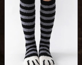 Striped Cat Paw Fuzzy Socks, Over The Calf Cozy Fluffy Sleep Socks, Black Gray Animal Print Slipper Socks For Women Teens Girls,Gift For Her