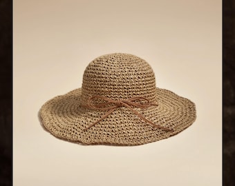 Sombrero de paja beige de ala ancha, sombrero de playa plegable, sombrero de verano ligero con lazo, regalo para ella.