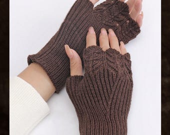 Guanti in maglia senza dita marroni, scaldamani invernali color caffè, morbidi guanti all'uncinetto, regalo per lei