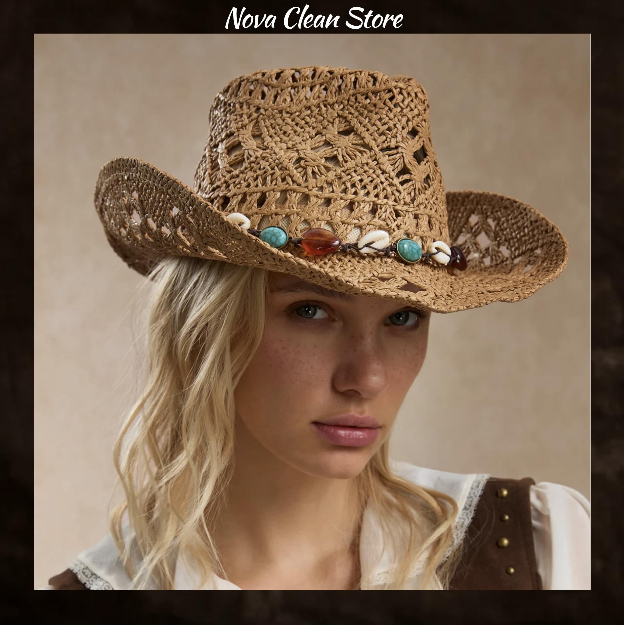 Boho Straw Cowboy Hat With Gemstone Band, Western Beach Hat  display picture 1