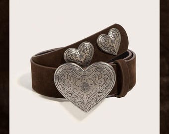 Gürtel mit Herzschnalle, kaffeebrauner Western-Gürtel aus PU-Leder, Geschenk für Sie