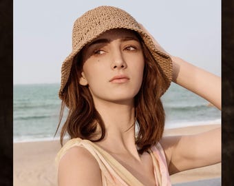 Sombrero de paja tipo cubo, sombrero de sol trenzado, sombrero de playa con protección UV, sombrero de verano plegable, estilo bohemio minimalista para exteriores, regalo para ella.