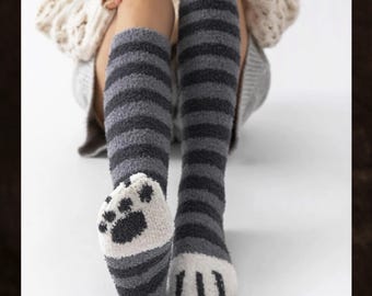 Gray Striped Cat Paw Fuzzy Socks, Cozy Over The Calf Coral Fleece Lounge Socks, Cute Animal Print Winter Socks, Gift For Her