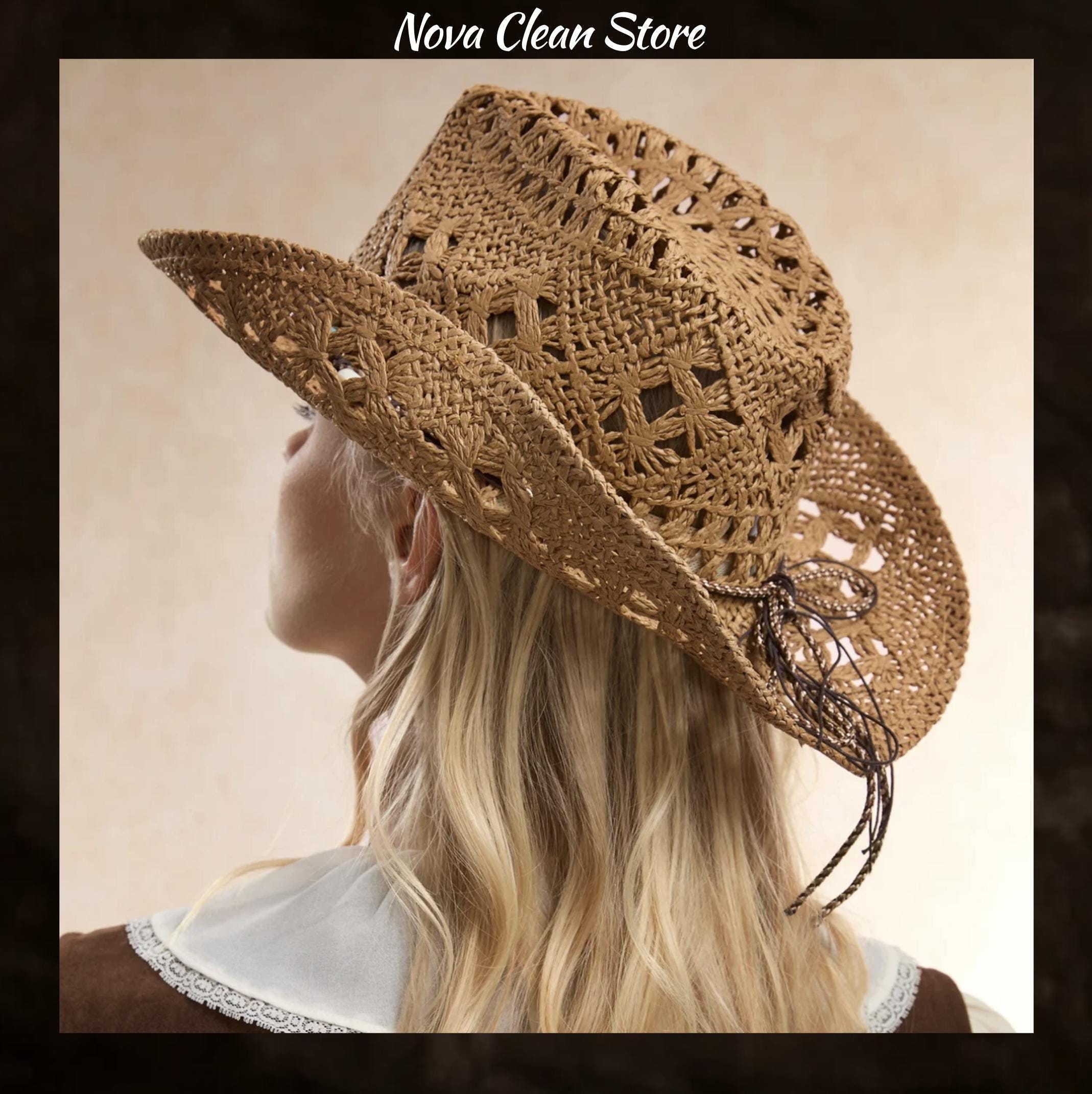 Wide Brim Straw Cowboy Hat with Gem Band for Women Shell Cowgirl Hat Beach Vacation Straw Cowboy Hat With  main image 4