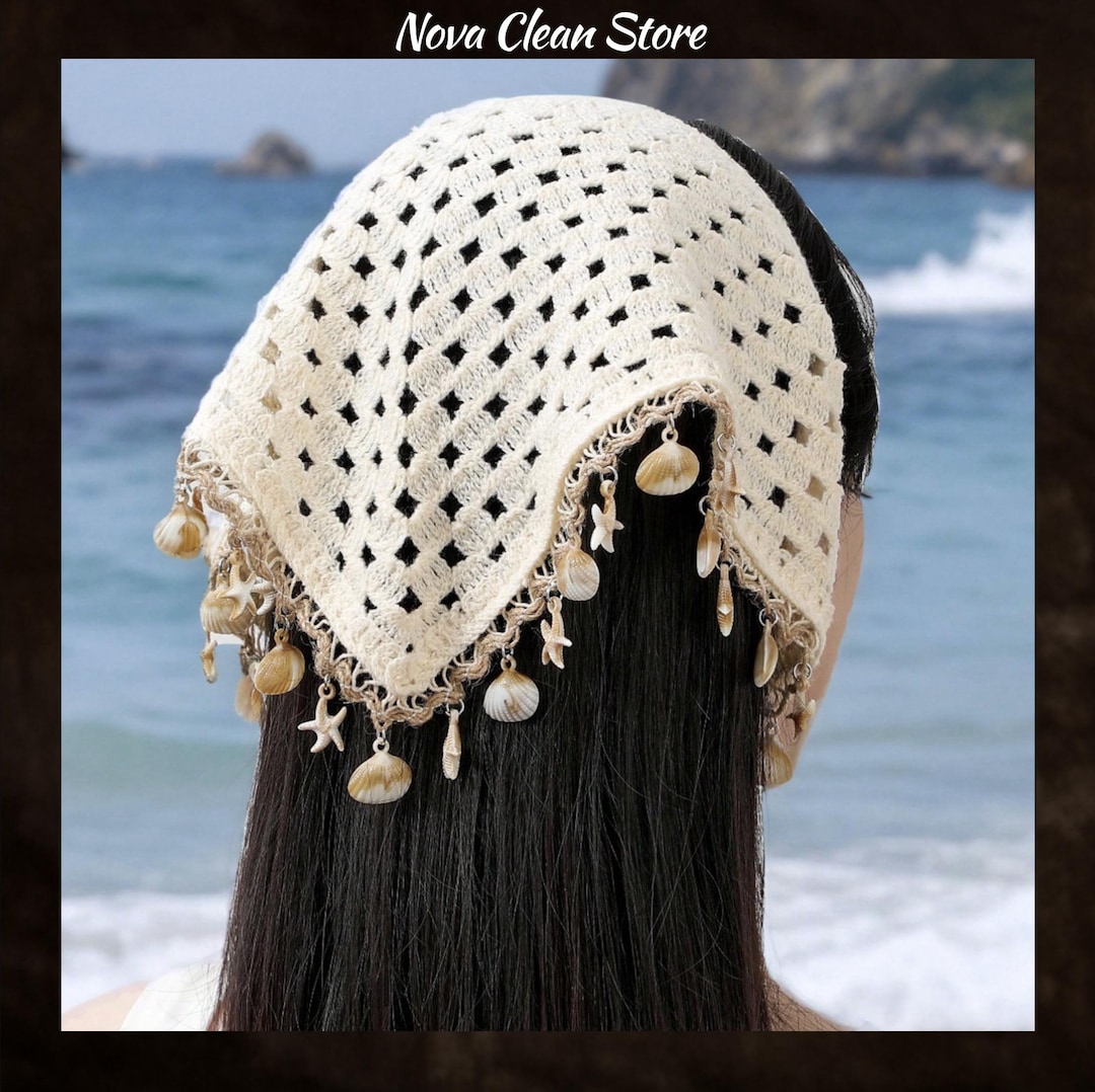 Boho Crochet Seashell Headband, Beige Beach Bandana With  display picture 1