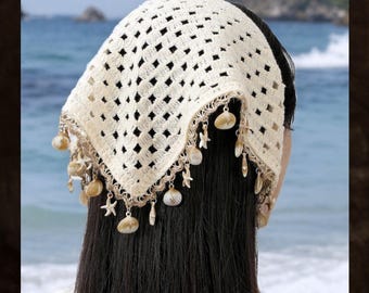 Fascia per capelli boho all'uncinetto con conchiglie, bandana da spiaggia beige con nappe a forma di stella marina, regalo per lei
