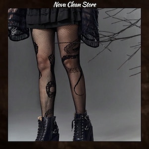 May include: Black fishnet tights featuring a repeating snake pattern, worn with a black skirt and black lace-up boots. The text Nova Clean Store is visible at the top. The design consists of a fine mesh fabric with opaque snake motifs.