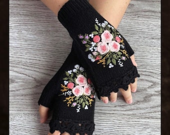 Guanti senza dita floreali lavorati a mano all'uncinetto, accessorio da donna per autunno e inverno, morbidi e comodi, in maglia, stile retrò, regalo per lei