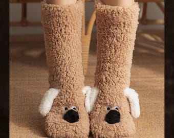 Fuzzy Dog Slipper Socks, Women's Plush Knee High House Socks, Warm Cozy Winter Wear, Cute Puppy Design, Holiday Comfort Style, Gift for Her