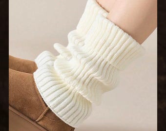 White Knit Leg Warmers, Cozy Ribbed Winter Boot Socks, Soft Stylish Design for Women, Warm Layering Accessory, Gift For Her