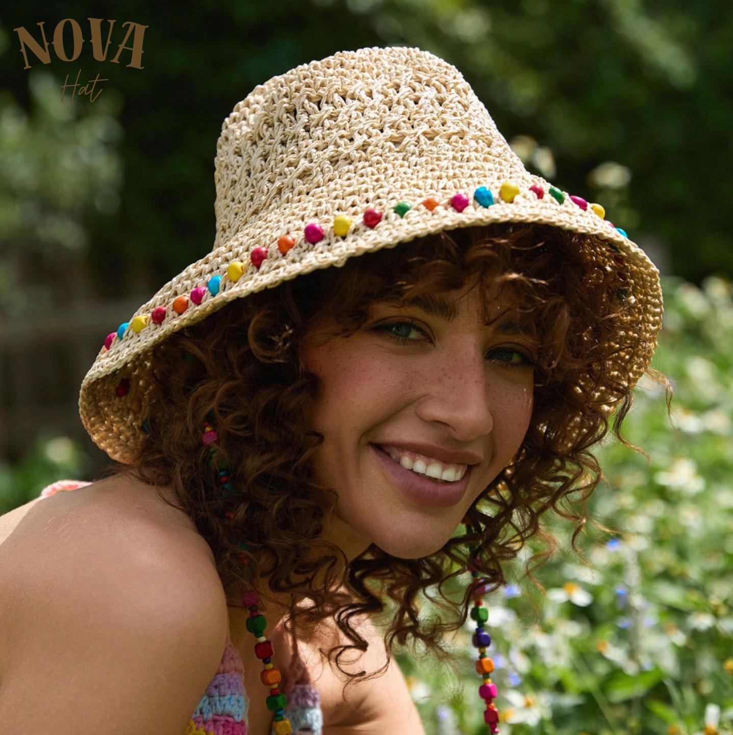 Hats For Women Boho Straw Bucket Hat For Women - Foldable 