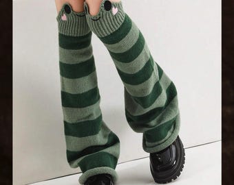Calentadores de piernas de punto con diseño de rana, medias por encima de la rodilla con rayas verdes, estilo invernal grueso y acampanado, bonita estética Y2K, cómodas capas, regalo para ella.