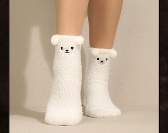 Cute Bear Fuzzy Socks For Women, Cozy Coral Fleece Slipper Socks, Soft Plush Winter Loungewear, Gift For Her