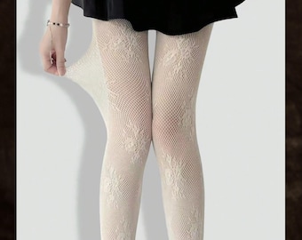 Collant a rete con motivo floreale bianco, collant trasparenti con motivo in pizzo estetico, calze elastiche stile Coquette, regalo per lei