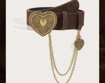 Vintage-Gürtel mit Herzschnalle, kaffeebrauner PU-Taillengürtel mit Kette, Geschenk für Sie