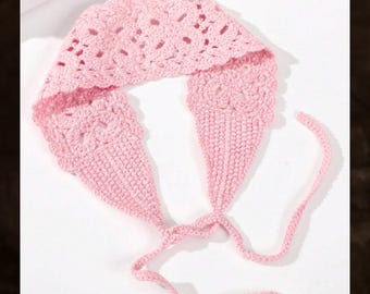 Gehäkeltes Blumenstrick-Stirnband, rosa Boho Kopftuch, Cottagecore-Haarband für Frauen