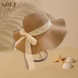 Bow Tie Wide Brim Hat, Straw Hat, Summer Beach Hat, Women Sun Hat,Holiday Hat, Gift for Women, Gift for Her