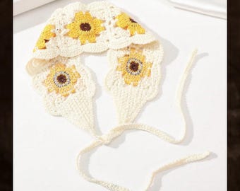Gehäkelte Sonnenblume Stirnband, Creme Stricken Boho Hair Wrap Tie Stirnband