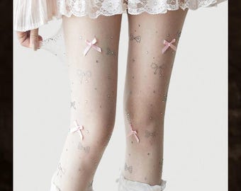 Kawaii Strass Strümpfe mit Rosa Schleifen