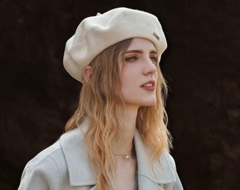 Cream French Beret , Painters Hat, Women Felt Beret, Women  display picture 1