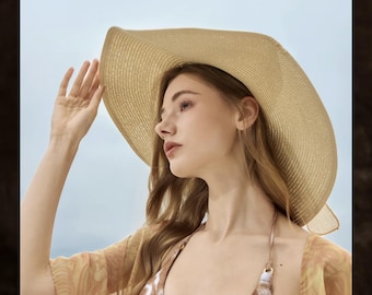 Damen Stroh Sonnenhut mit extra breiter Krempe, Strand Urlaub UV Schutz Hut