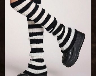 Scaldamuscoli in maglia extra lunghi neri e bianchi, tinta unita, coprigambe invernali morbidi ed elastici, comodo accessorio streetwear, regalo per lei