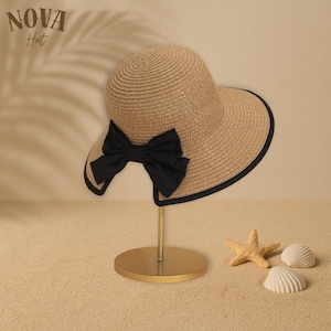 Wide Brim Straw Sun Hat for Women, Breathable Woven Beach Hat, Bow Hat,Elegant Summer Hat, Vacation Sunshade for Outdoor Style, Gift for Her