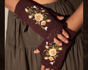 Guanti senza dita in maglia floreale marrone, stile Fairycore da donna, morbidi e comodi, accessorio invernale estetico, regalo per lei