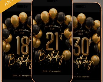 Black Gold Birthday Video Invitation | ANY AGE | Elegant Canva Template (Digital Download)