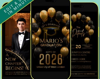Black and Gold Graduation Video Invitation Editable – Graduation Party Invite with Photo or Video – Elegant Grad Party – Canva Animated