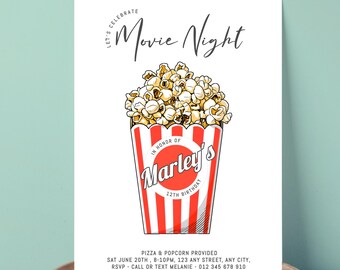Movie Night Birthday Invitation Editable Template – Let’s Go to the Movies – Popcorn Invite Any Age – Cinema Party – Corjl Printable