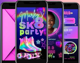 8th Birthday Roller Skating Invitation | Editable Neon Video Party Invite | Canva Digital Template
