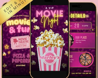 Pink Movie Night Birthday Video Invitation | Editable Canva Template