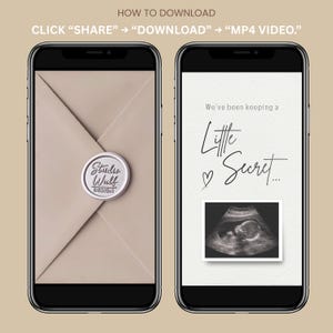 Instructional graphic on downloading a video announcement. Shows a wax-sealed envelope and a baby ultrasound on iPhones.