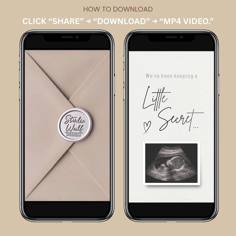 Instructional graphic on downloading a video announcement. Shows a wax-sealed envelope and a baby ultrasound on iPhones.