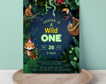 Editable Jungle First Birthday Invitation Template “A Wild One” – Safari Animals Party Invite – Corjl Printable