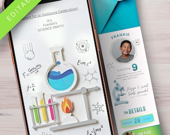 Science Birthday Video Invitation | STEM Lab Party, Photo Upload (Canva Template)