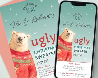 May include: An invitation for an "Ugly Christmas Sweater Party!" features a polar bear wearing a red sweater with a reindeer design. The invitation is on a teal background with white stars and the text "December 22".