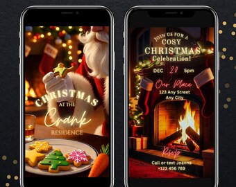 Animated Santa Christmas Party Invitation | Cozy Fireplace, Digital Invite (Canva)