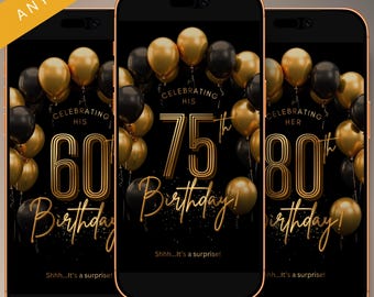 Black Gold Birthday Video Invitation | ANY AGE | Elegant Canva Template (Digital Download)