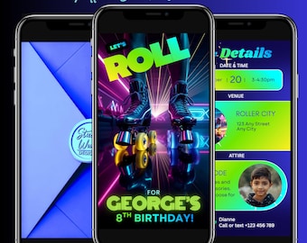 Roller Skating Birthday Invitation, Animated Video Invite, Neon Lights, Glow Party, Editable Canva Template