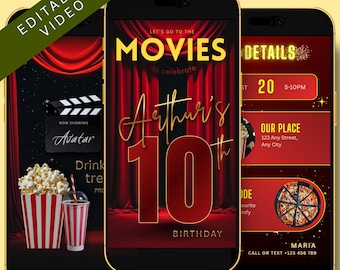 Let’s Go to the Movies Video Invitation Editable – Movie Night Birthday Invite Any Age – Cinema Curtains Clapperboard – Canva Animated